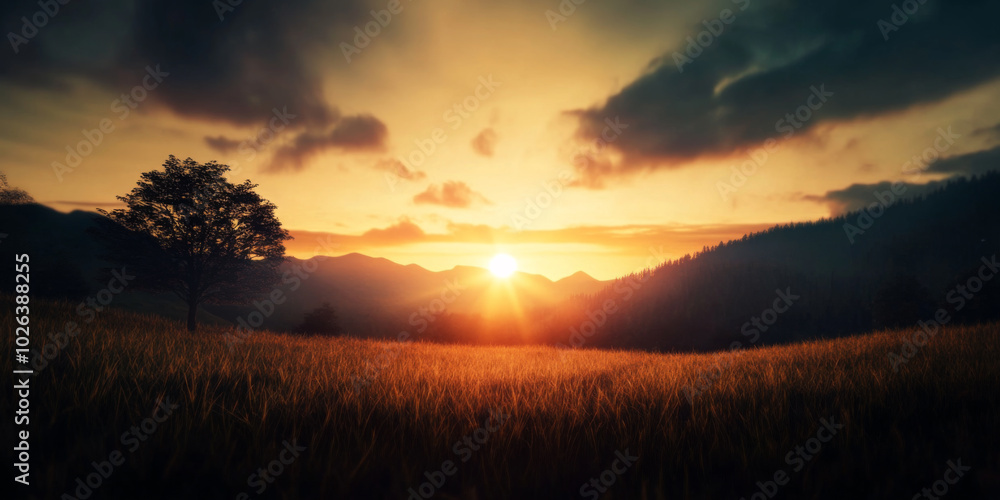 Obraz premium Stunning sunset over a mountain landscape with a solitary tree in a grassy field