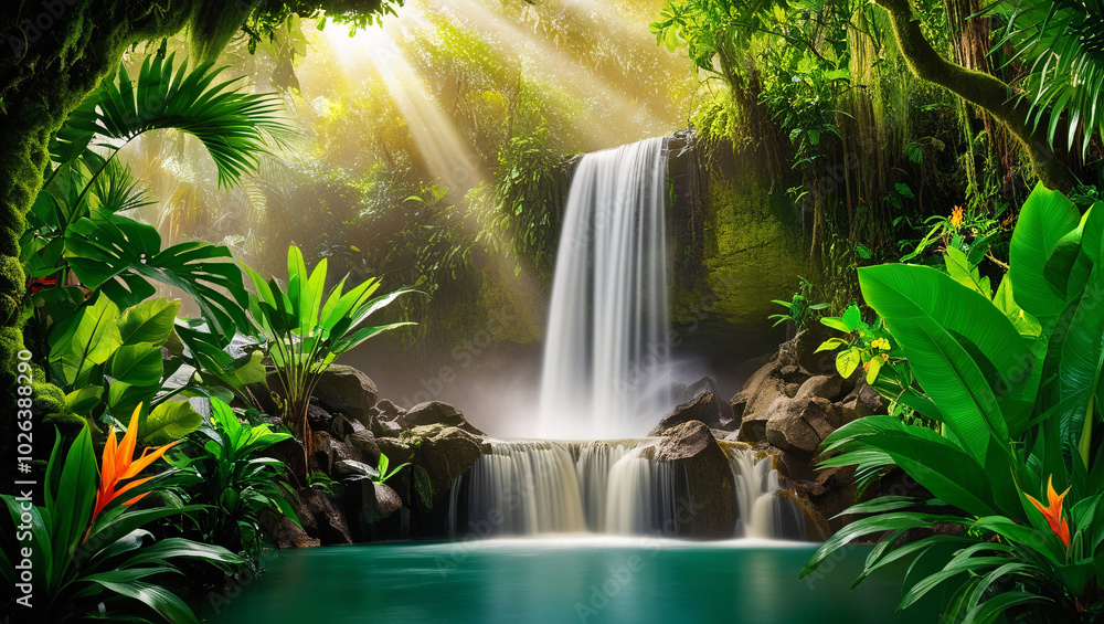 Immerse yourself in the beauty of a lush jungle, portrayed in a stunning photostock image of a waterfall, framed by a light beige background Immerse yourself in the beauty of a lush jungle, portrayed in a stunning photostock image of a waterfall, framed by a light beige background