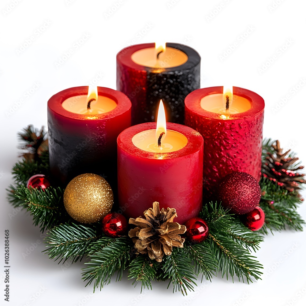 Festive candle arrangement with red and black candles and holiday decorations Festive candle arrangement with red and black candles and holiday decorations