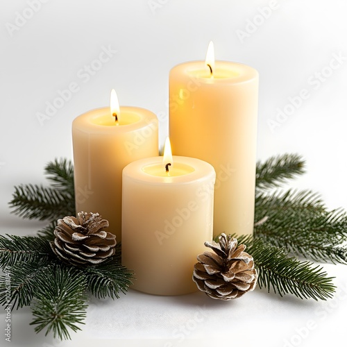 Warm winter ambiance: lit candles with pinecones and evergreen sprigs