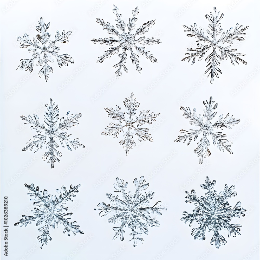 Intricate snowflakes on white background capturing winter's beauty Intricate snowflakes on white background capturing winter's beauty