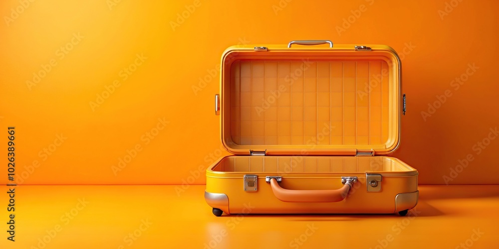 Open orange suitcase on an orange background, asymmetrical Open orange suitcase on an orange background, asymmetrical