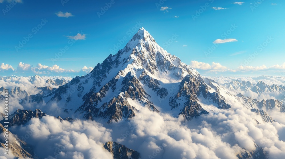 Majestic snow-capped mountain peaks under a clear blue sky with fluffy clouds. Majestic snow-capped mountain peaks under a clear blue sky with fluffy clouds.