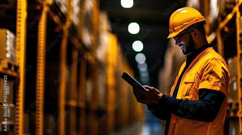 Warehouse worker with tablet in a storage facility, illuminated background. Warehouse worker with tablet in a storage facility, illuminated background.