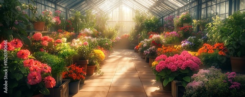 Greenhouse interior showcasing vibrant rows of blooming flowers and potted plants, emphasizing the cultivation and growth of the botanical industry photo