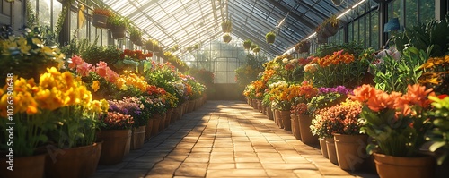 Greenhouse interior showcasing vibrant rows of blooming flowers and potted plants, emphasizing the cultivation and growth of the botanical industry photo