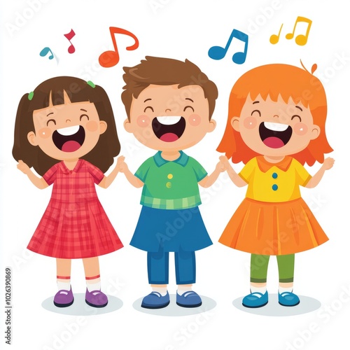 Three cheerful children singing and holding hands with musical notes above.