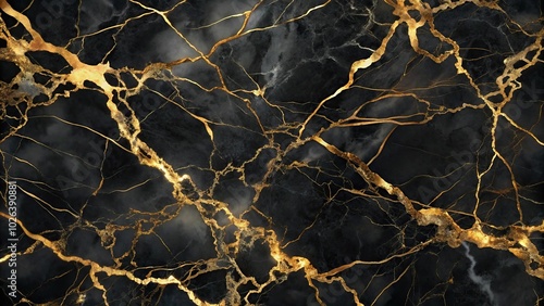 Opulent black marble background with gold veins, perfect for modern designs