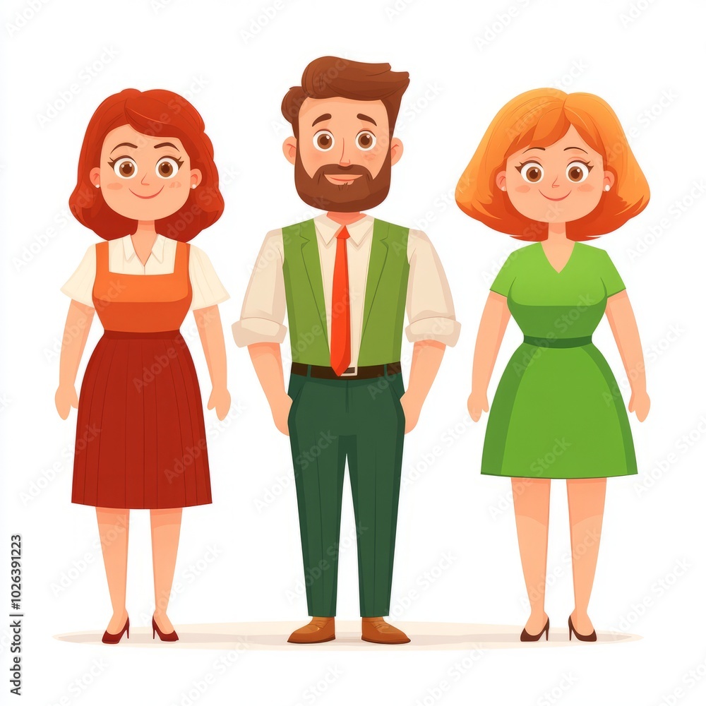 Three cartoon characters in casual attire standing together. Three cartoon characters in casual attire standing together.