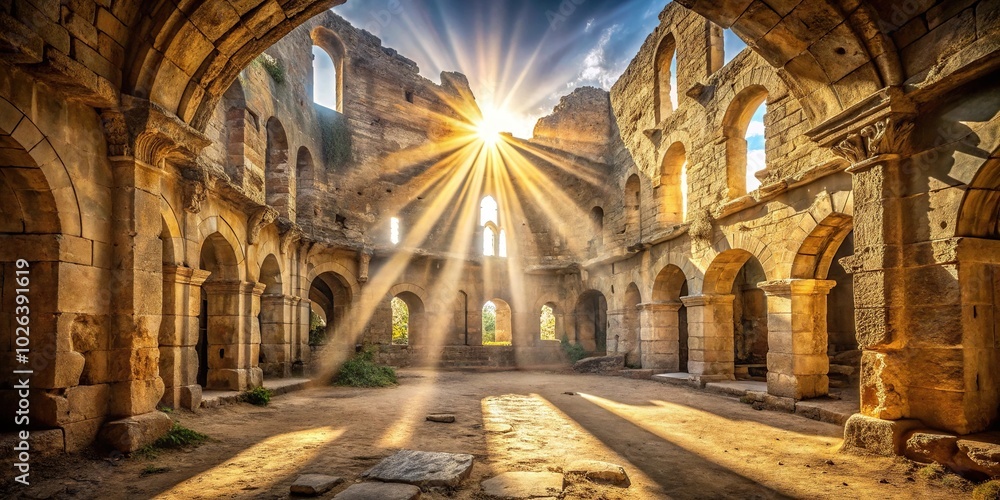 Sunlight piercing through an ancient ruined hall High Angle Sunlight piercing through an ancient ruined hall High Angle