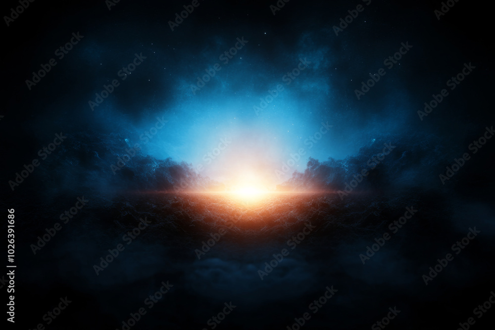 A glowing light emerging from dark clouds in a serene cosmic landscape at twilight A glowing light emerging from dark clouds in a serene cosmic landscape at twilight