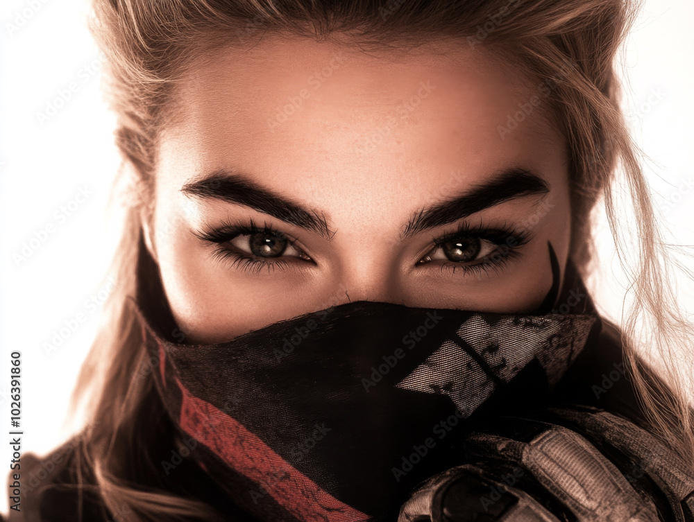 Mysterious woman with striking eyes partially covered by a patterned scarf during a photoshoot Mysterious woman with striking eyes partially covered by a patterned scarf during a photoshoot