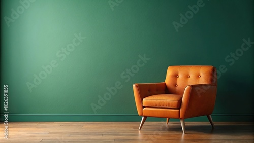 Orange armchair against dark green wall by window with tilted angle