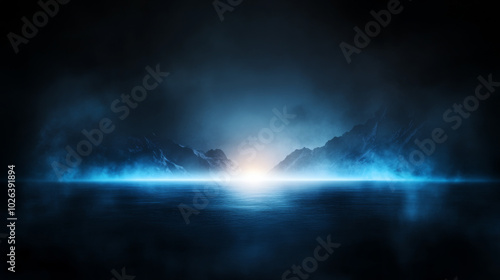 Ethereal blue mist over a calm ocean at dawn near dark silhouettes of distant mountains