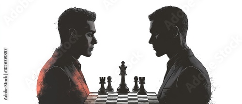 Silhouette of a chess match, showcasing a strategic competition between two men, featuring king and pawn figures in a tournament game, side view photo