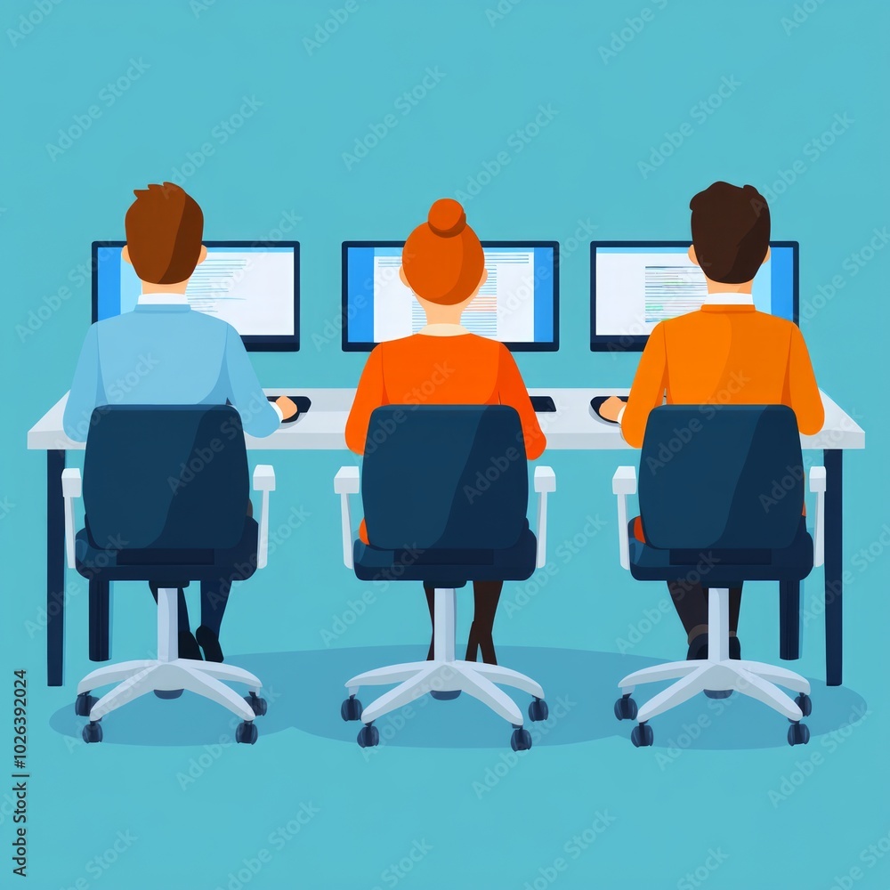 Three individuals working at computers in a modern office environment. Three individuals working at computers in a modern office environment.