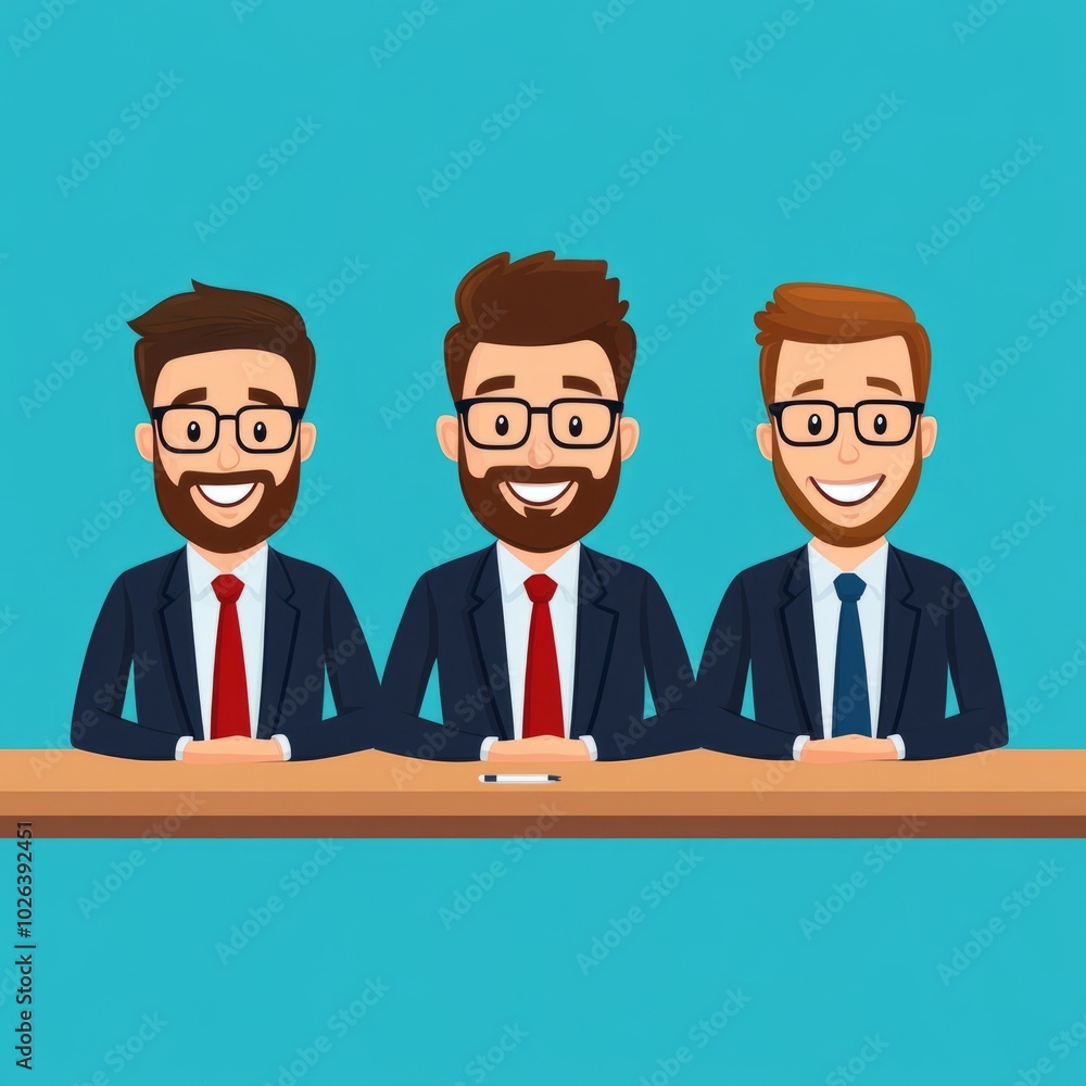 Three cartoon men in suits with glasses sitting at a table. Three cartoon men in suits with glasses sitting at a table.