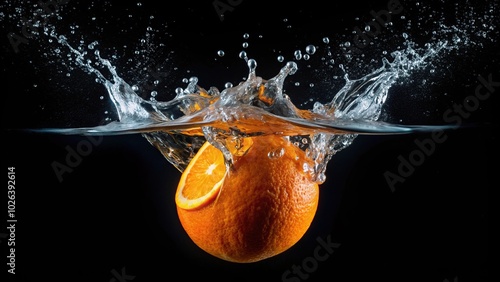 Orange dropped in water making splash on black background