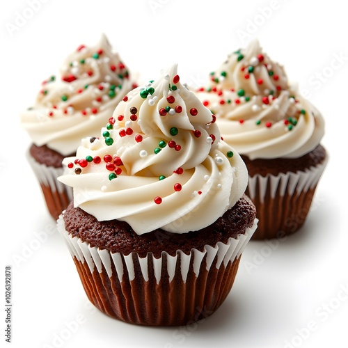 Festive chocolate cupcakes with creamy frosting and sprinkles