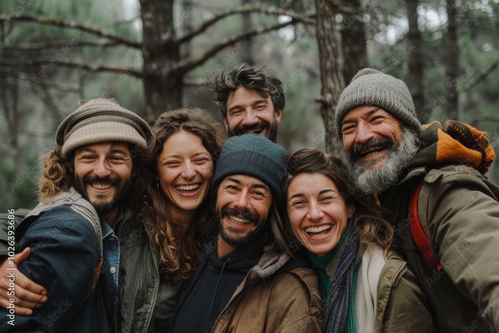 Portrait of a group of friends on a hike in the forest Portrait of a group of friends on a hike in the forest