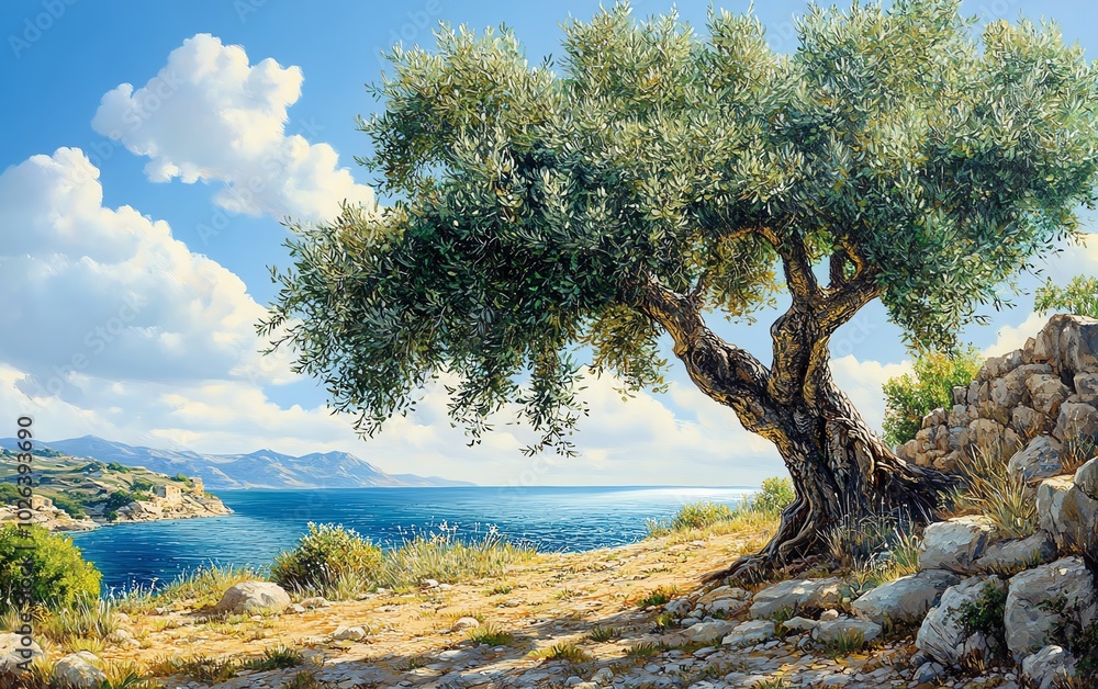 Majestic olive tree in a Mediterranean landscape, featuring vibrant green leaves and branches with a scenic sea view, representing nature and agriculture Majestic olive tree in a Mediterranean landscape, featuring vibrant green leaves and branches with a scenic sea view, representing nature and agriculture