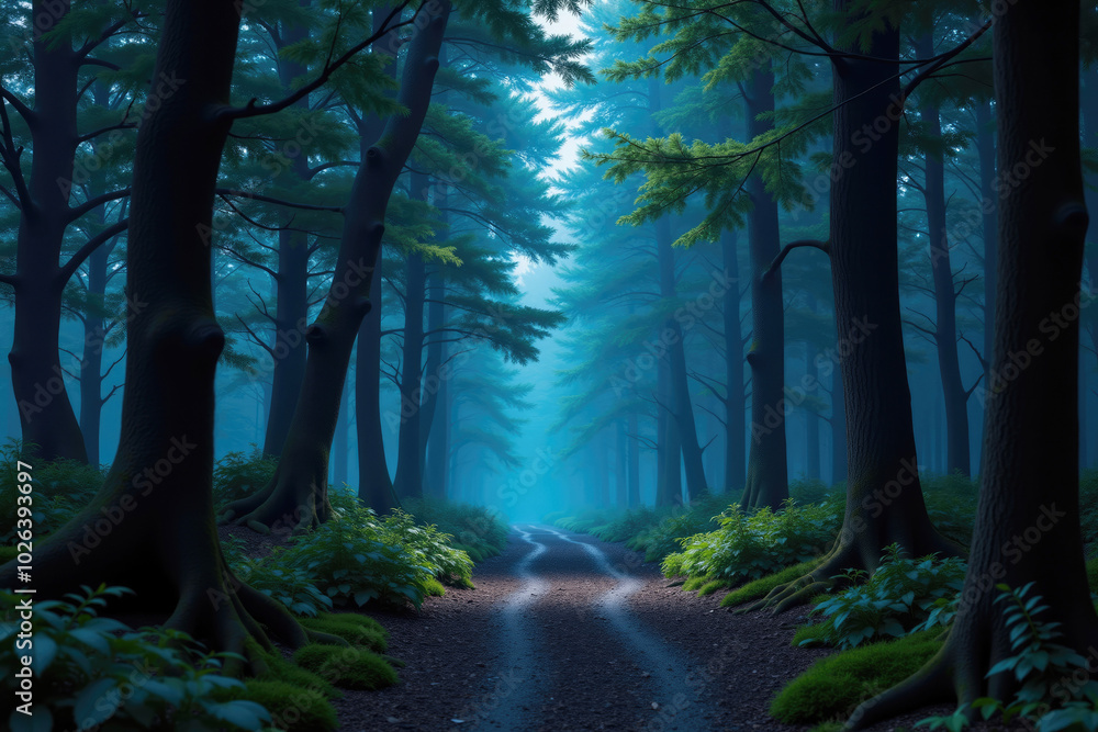 Obraz premium Mysterious dirt road winding through a blue foggy forest
