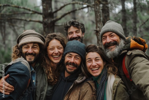 Portrait of a group of friends on a hike in the forest