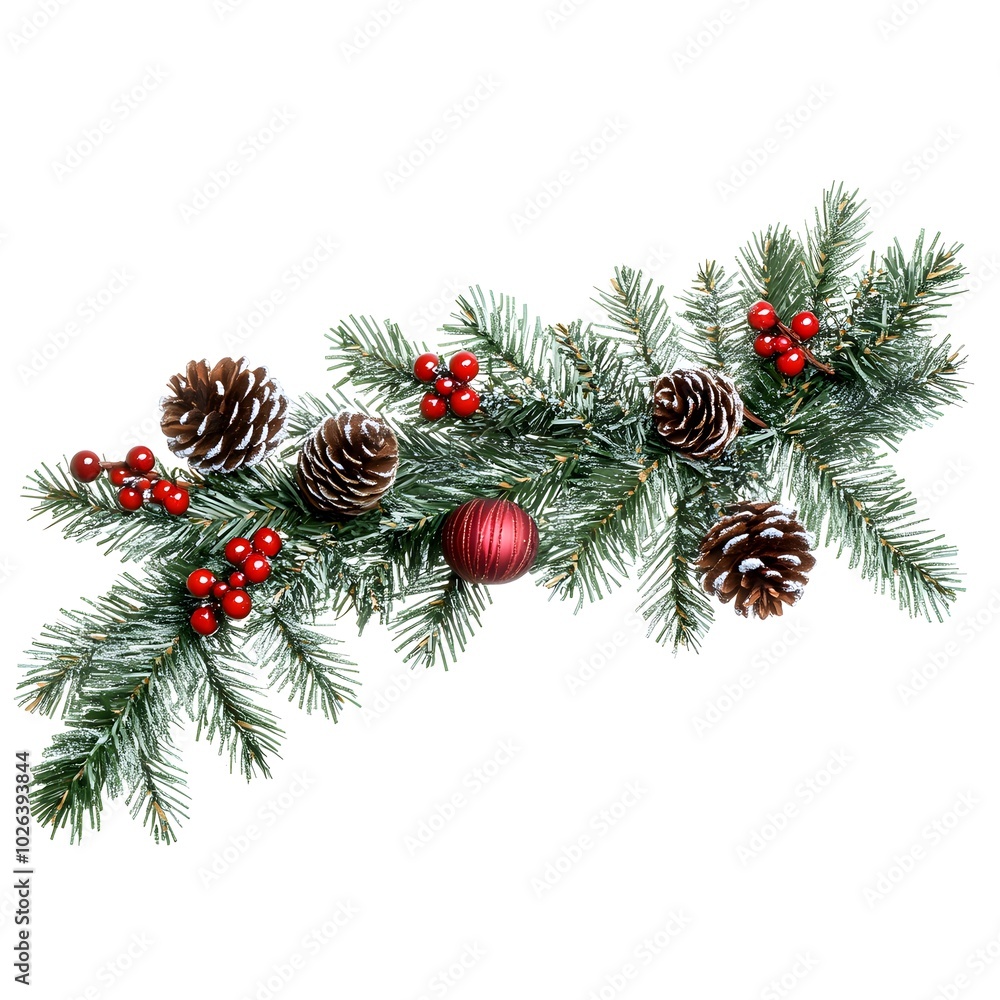 Festive pine branch with pinecones and red ornaments for christmas decor Festive pine branch with pinecones and red ornaments for christmas decor