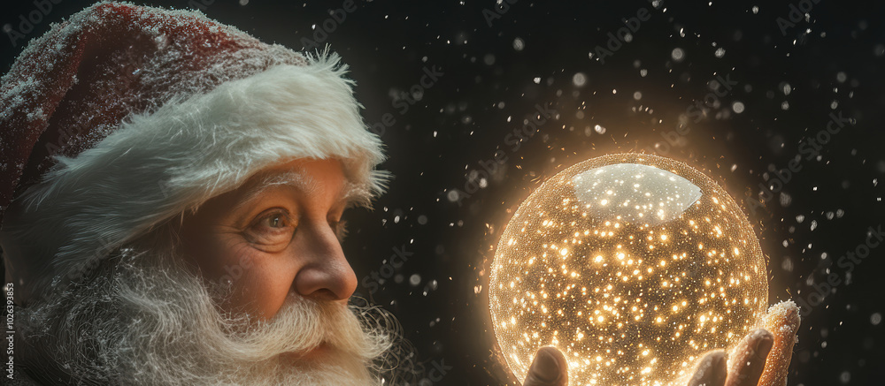 Santa with a glowing ring of light in his hands and snow falling around him creates a festive, magical scene for holiday campaigns. Santa with a glowing ring of light in his hands and snow falling around him creates a festive, magical scene for holiday campaigns.