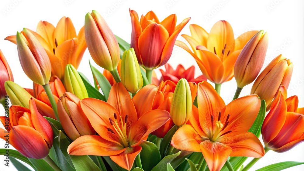 Orange lily and tulip flowers on white background Orange lily and tulip flowers on white background