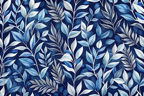 watercolor foliage pattern in deep blue