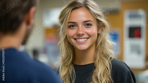 Young university student with blonde hair smiles in a bustling hallway, embodying youth and education; a student smiling; campus and college lifestyle