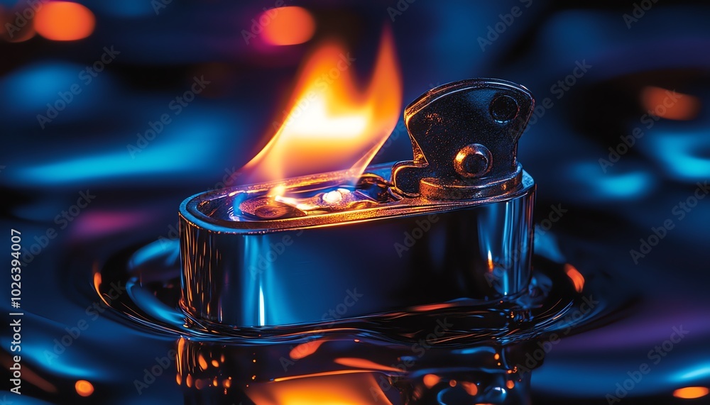 Shiny lighter with a burning flame in closeup, illustrating the power of gas as a fuel source, emphasizing the intense orange fire light and heat Shiny lighter with a burning flame in closeup, illustrating the power of gas as a fuel source, emphasizing the intense orange fire light and heat