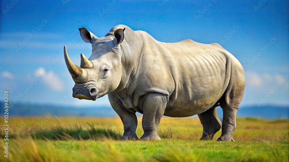 Obraz premium White rhinoceros standing on grass from a low angle