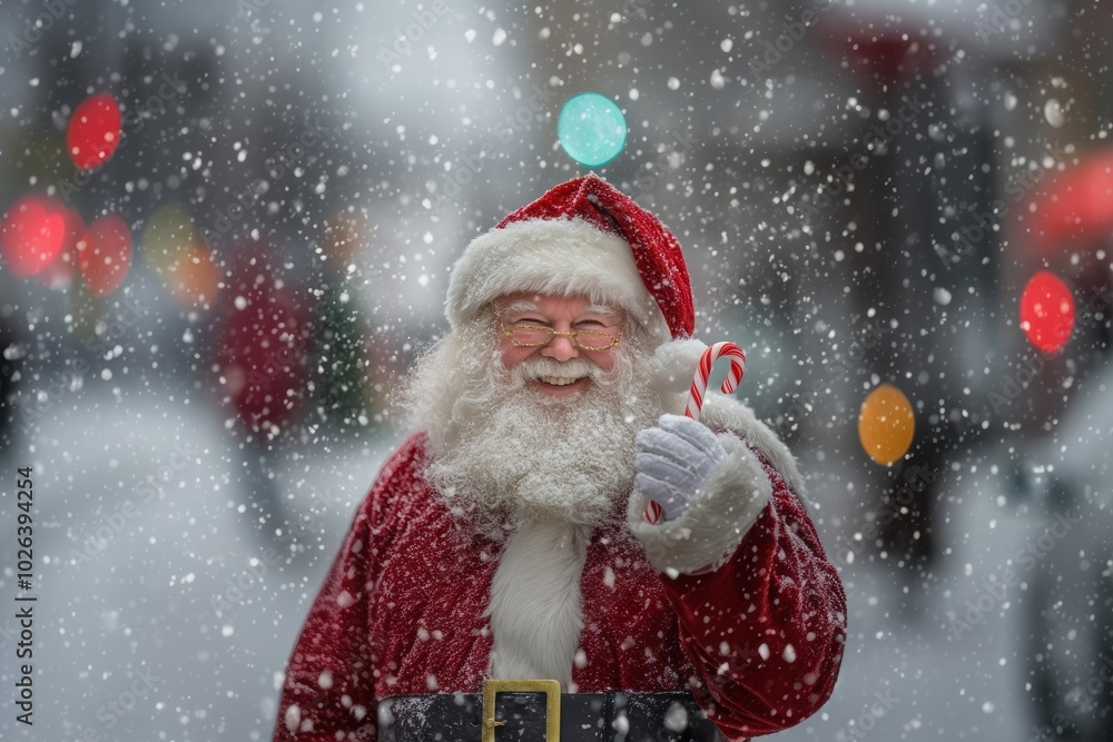 Santa, with a christmas gift candy cane, present bag in hand stands on snow-filled, festive street, village blur background, making scene for Christmas marketing, holiday campaigns. Santa, with a christmas gift candy cane, present bag in hand stands on snow-filled, festive street, village blur background, making scene for Christmas marketing, holiday campaigns.