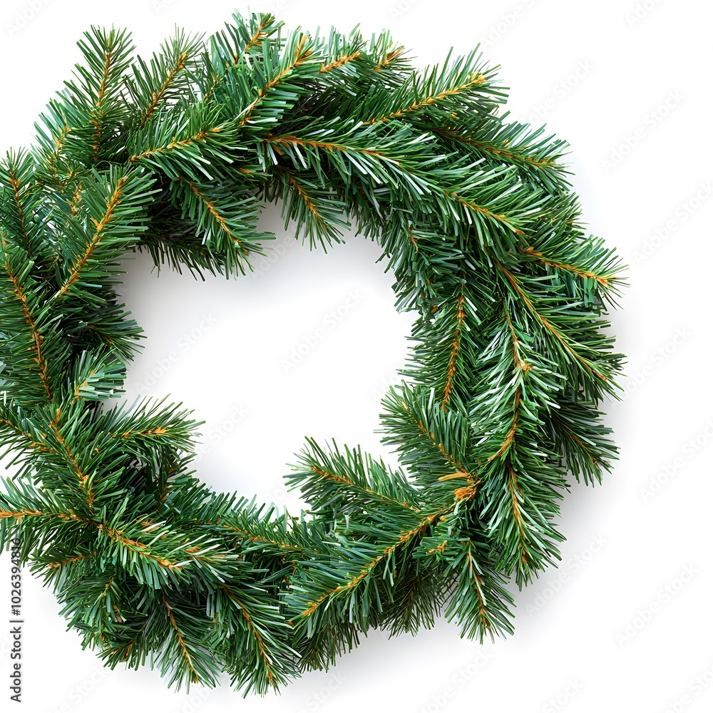 Fresh pine wreath on white background - perfect for holiday decor and seasonal celebrations Fresh pine wreath on white background - perfect for holiday decor and seasonal celebrations