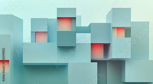Abstract architectural design featuring protruding teal cubes of various sizes with orange lights emanating from within; design and minimalist structure