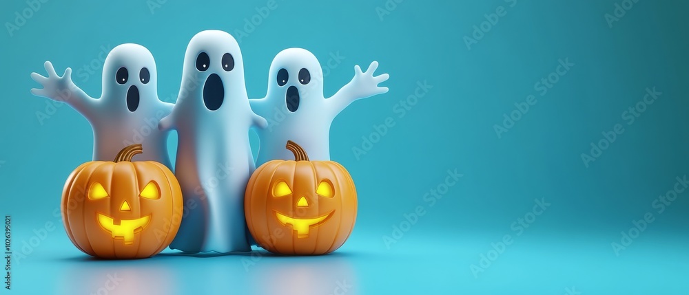 Three ghosts are standing next to two pumpkins, one of which has a light on it Three ghosts are standing next to two pumpkins, one of which has a light on it