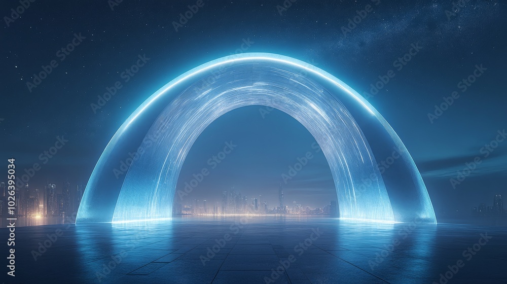 Futuristic Cityscape with a Glowing Arc Gateway Futuristic Cityscape with a Glowing Arc Gateway