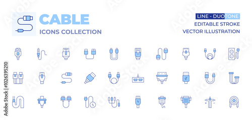 Cable icons collection. Line Duotone style, editable stroke. usb cable, rca, cable, optical fiber, vga cable, network cable, hdmi, hdmi cable, ribbon cable, cables