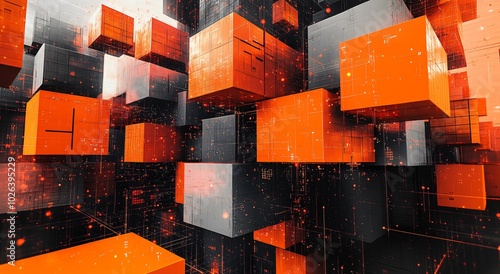 Abstract technology background with orange cubes floating in a cyberspace, perfect for illustrating concepts such as blockchain, cryptocurrency, and the metaverse