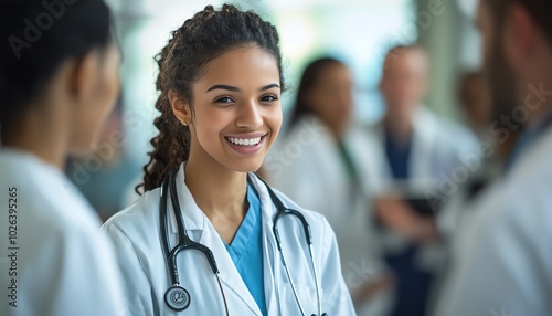 Dynamic scene of nursing students from various backgrounds in training at college, learning alongside diverse doctor colleagues in a medical education setting