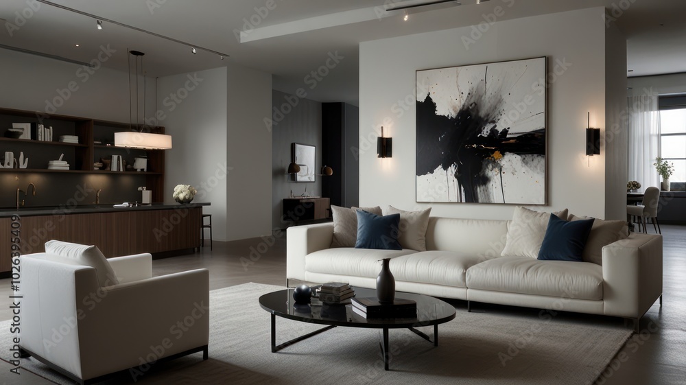 Fototapeta premium Modern living room interior with white sofa, coffee table, armchair, and abstract art.