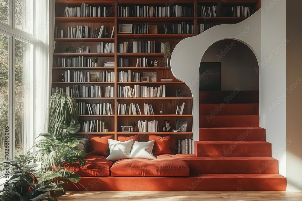 Fototapeta premium Bookshelves beside the stairs in the interior design concept
