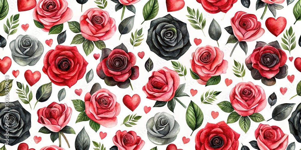 Watercolor seamless pattern with red and black roses and hearts on white background Watercolor seamless pattern with red and black roses and hearts on white background