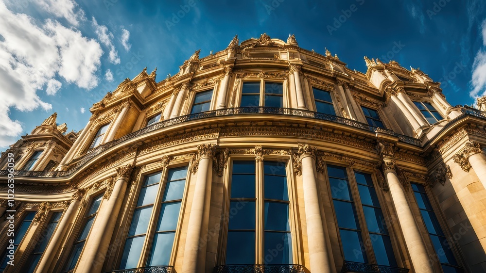 A grand architectural facade with large windows under a dramatic sky. A grand architectural facade with large windows under a dramatic sky.