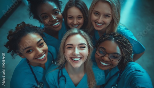 Group of diverse medical student nurses in training at college, showcasing teamwork and collaboration in a healthcare education setting photo