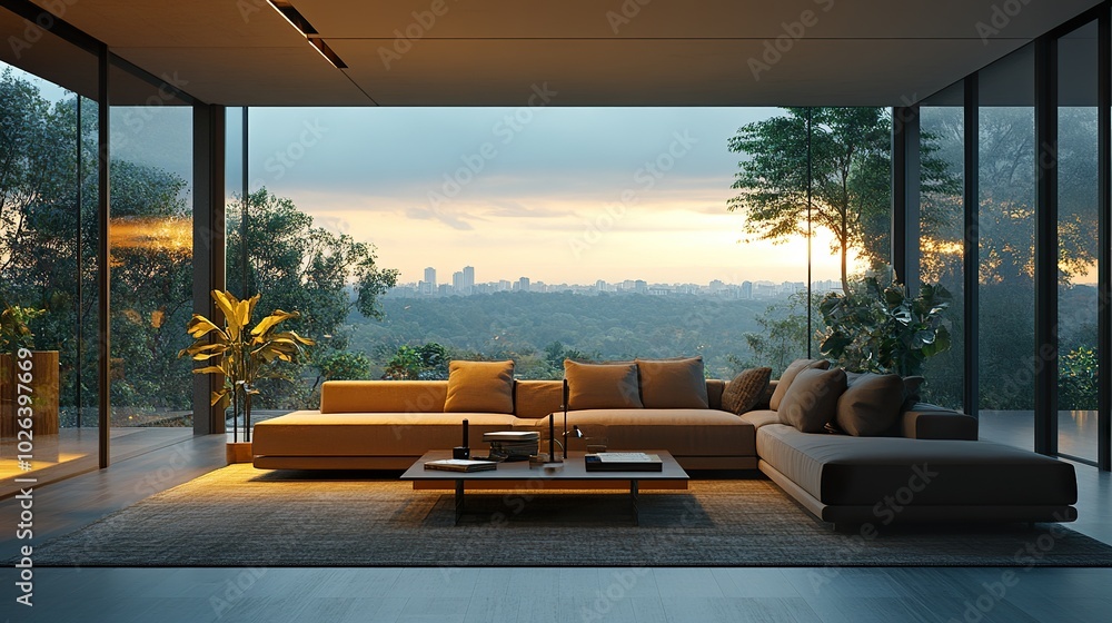 Fototapeta premium Modern Living Room with Designer Couch and Ample Copy Space