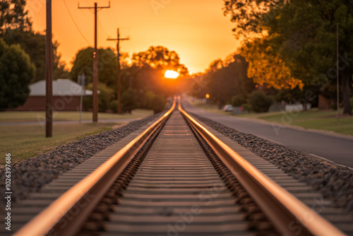 Sunset view over railway tracks in a quiet suburban neighborhood during evening hours photo