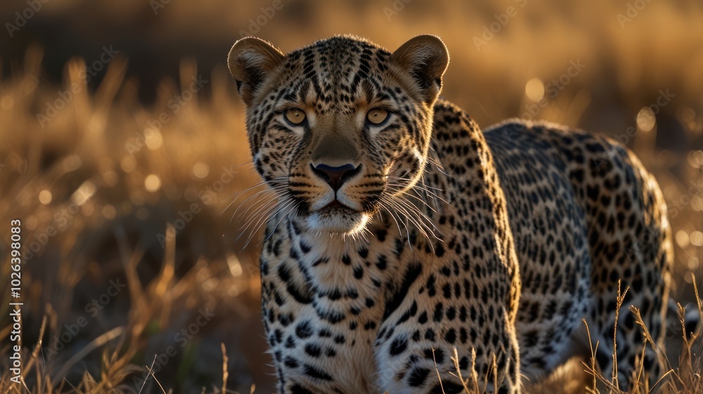 Obraz premium A majestic leopard with a powerful gaze stares into the camera, its spotted coat blending seamlessly with the golden grasses of the savanna.